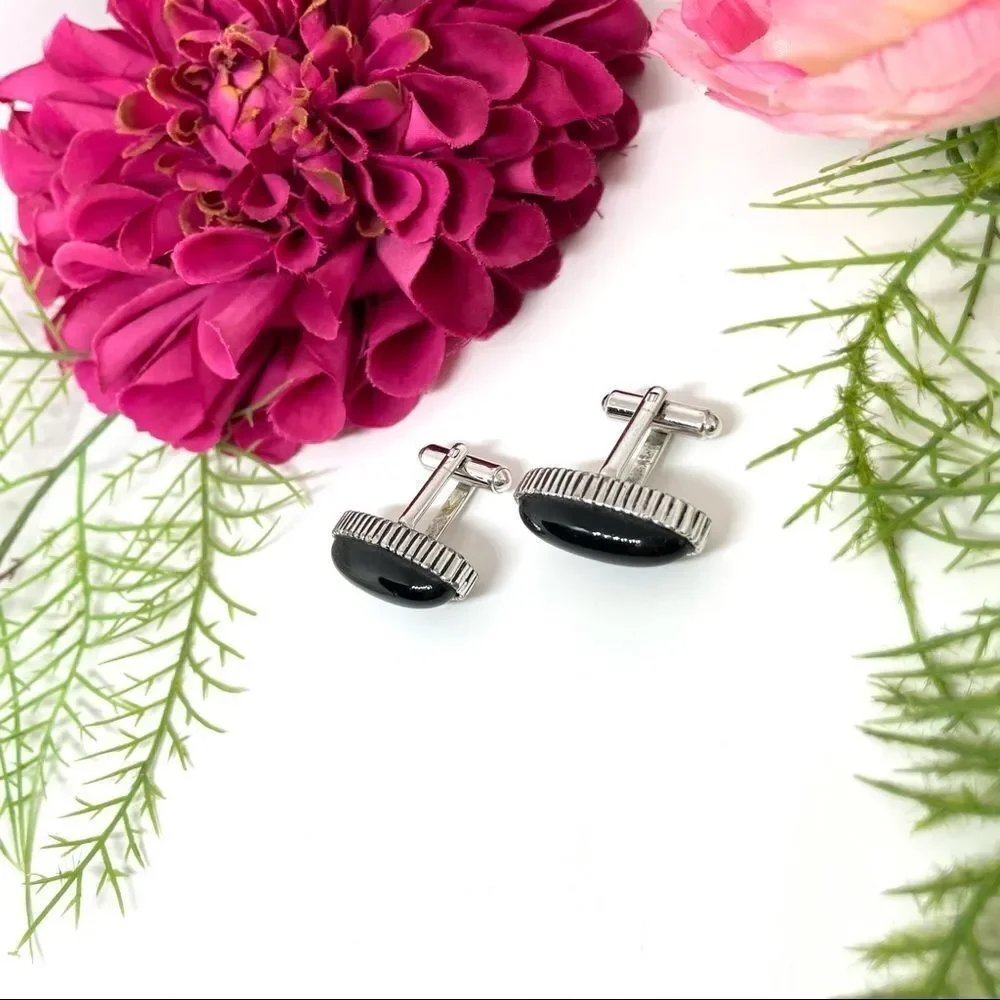 VINTAGE⚜️CUFF LINKS Black Acrylic Detailed Edging - Art Deco Style
